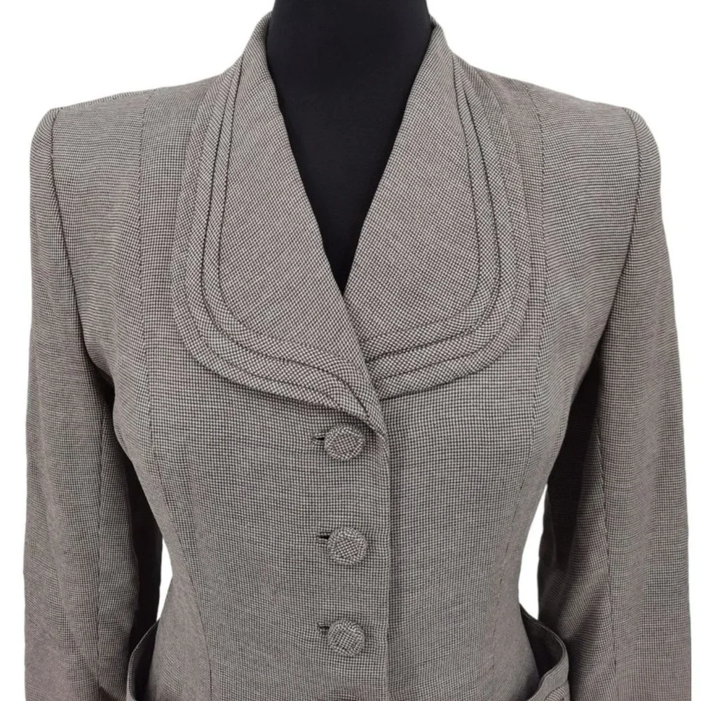VTG 40s Brown Houndstooth Gabardine Blazer Pencil Skirt Suit Set Size S Neutral - Picture 3 of 11